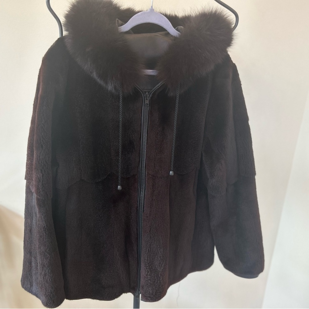 Black Sheared Beaver & Leather Reversible Coat with Fox Fur Lined Hood M/L - Picture 3 of 13